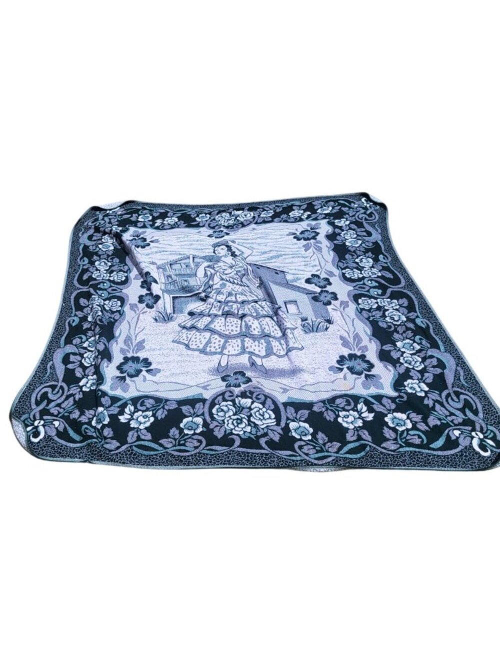 Vintage Spanish Flamenco Dancer Woven Tapestry Throw Blanket With Floral Border